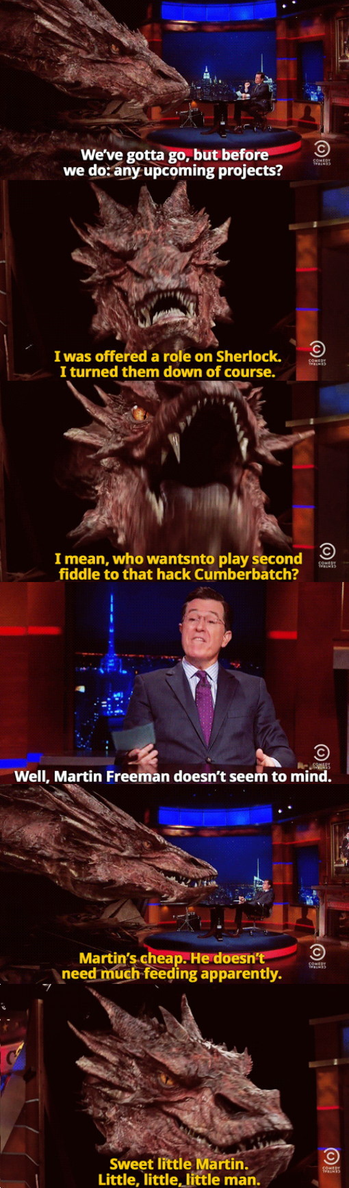Colbert interviews Smaug - meme