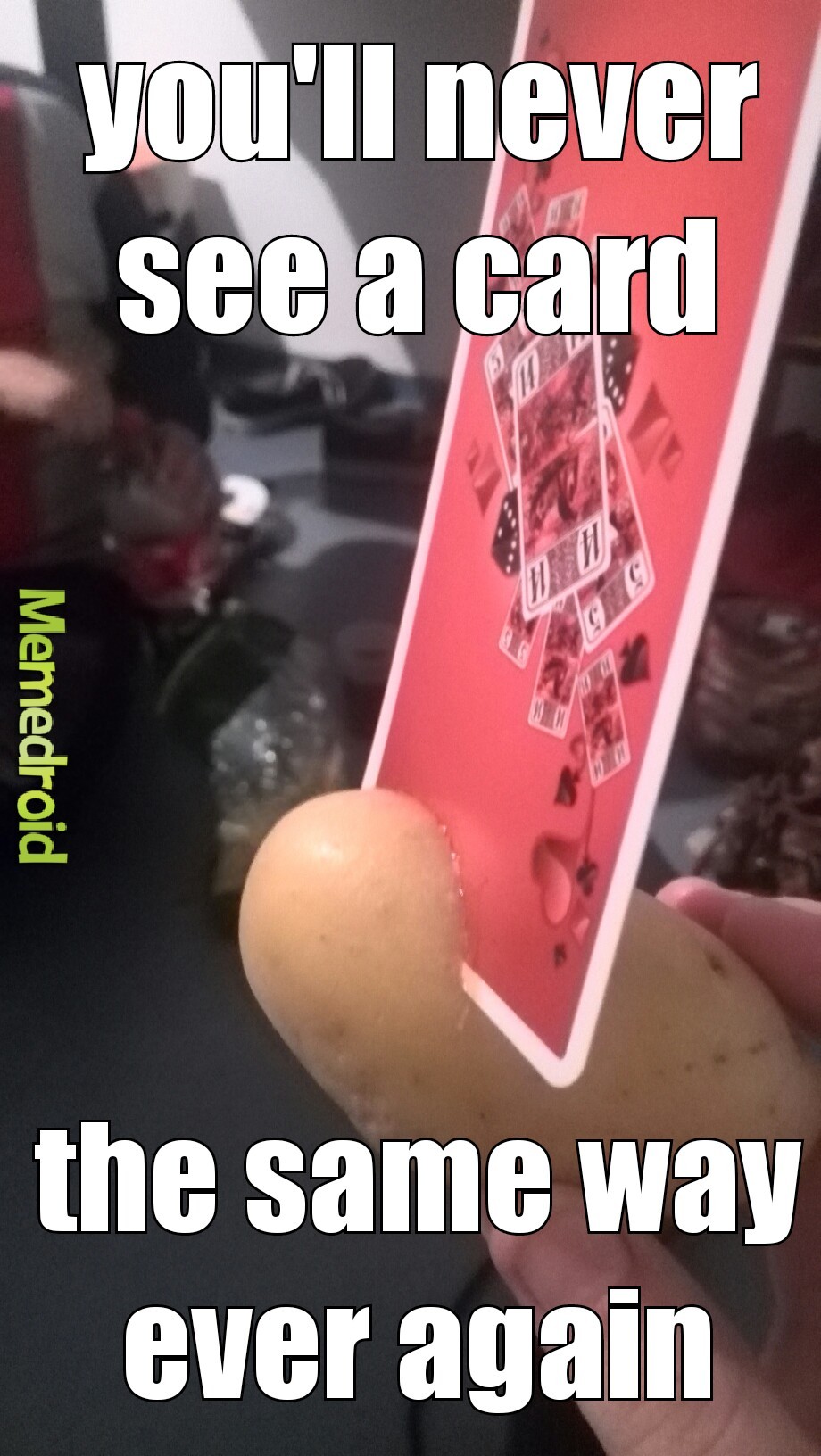 my friend has weird card-throwing skills - meme