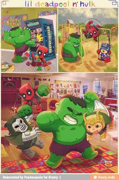 Lil Deadpool and Hulk - meme