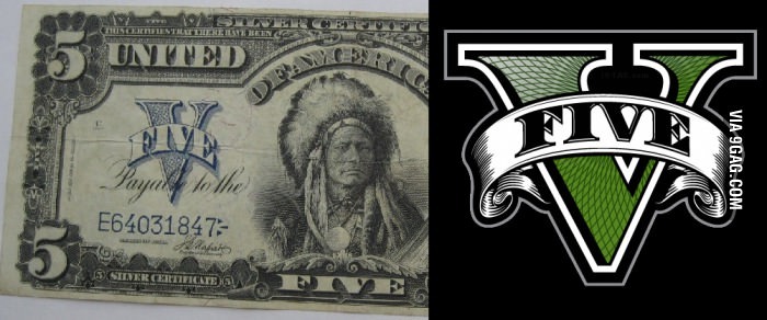 Similarity between 1899 5$ bill and gtaV logo - meme