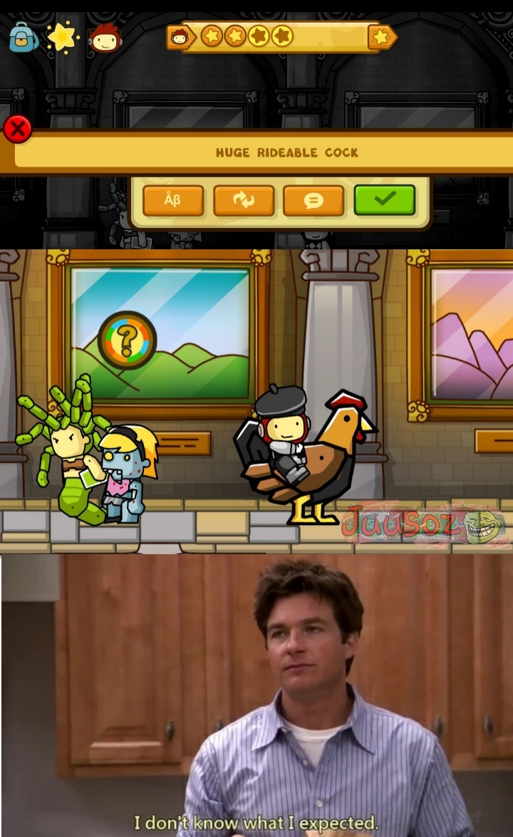 There's a mission in Scribblenauts where you need to put an object in a painting that an elf would find interesting. Putting naked Santa in the painting completes the mission. - meme