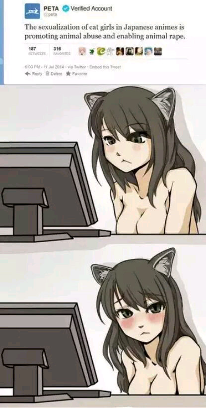 Waiting for the feminists, animal activists and people scared of anime boobs. - meme