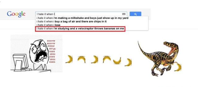 "Odeio quando estou a estudar e um velociraptor atira bananas para mim" - meme