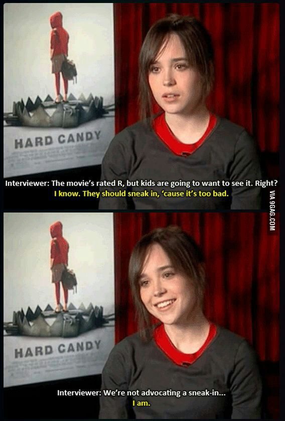 Ellen Page about the film "Hard Candy" Sorry,I couldn't find this scene without the 9gag watermark... - meme