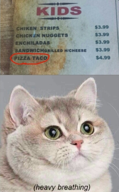 I saw this at first glance on a menu, and I knew it would be a good day for taco_sanchez. my faith in tacoity was restored - meme