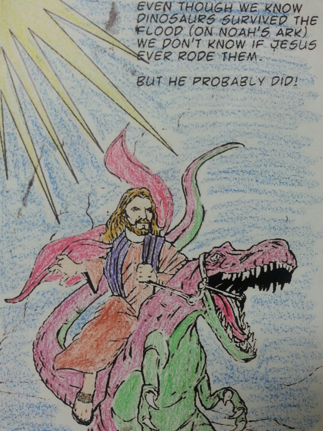 Jesus riding Barney - meme