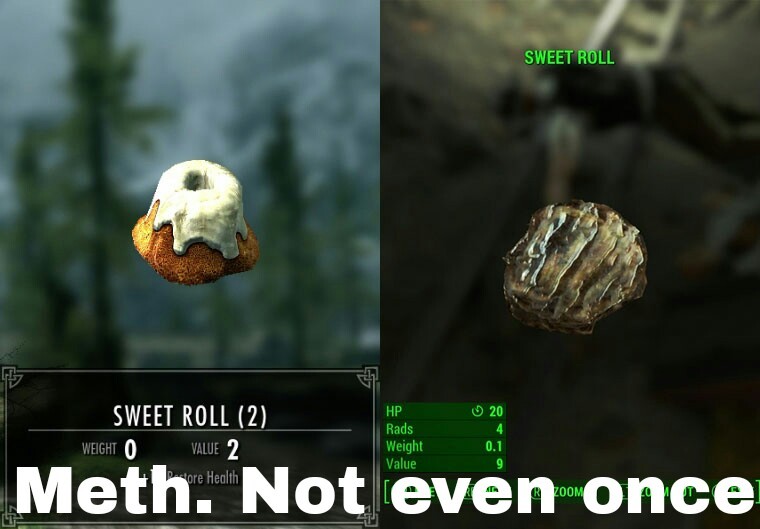 Fallout 4 Sweetroll looks like a frozen burger patty. - meme
