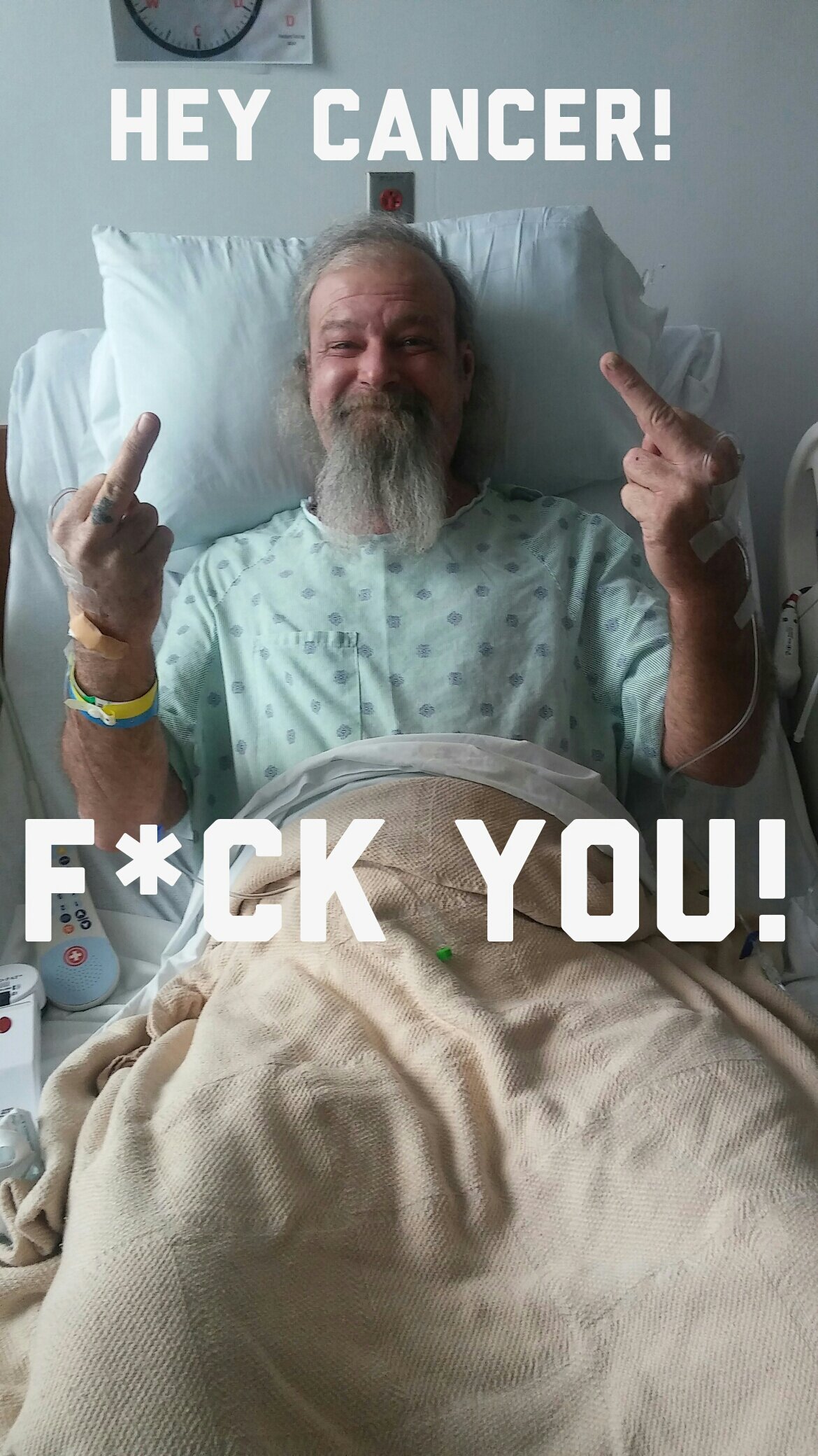 My dad after his operation. He is now cancer free! - meme