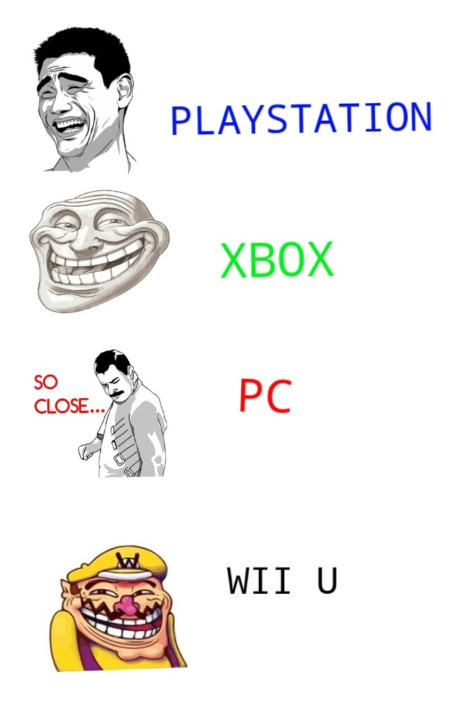Playstation vs Xbox vs PC vs WiiU II - meme