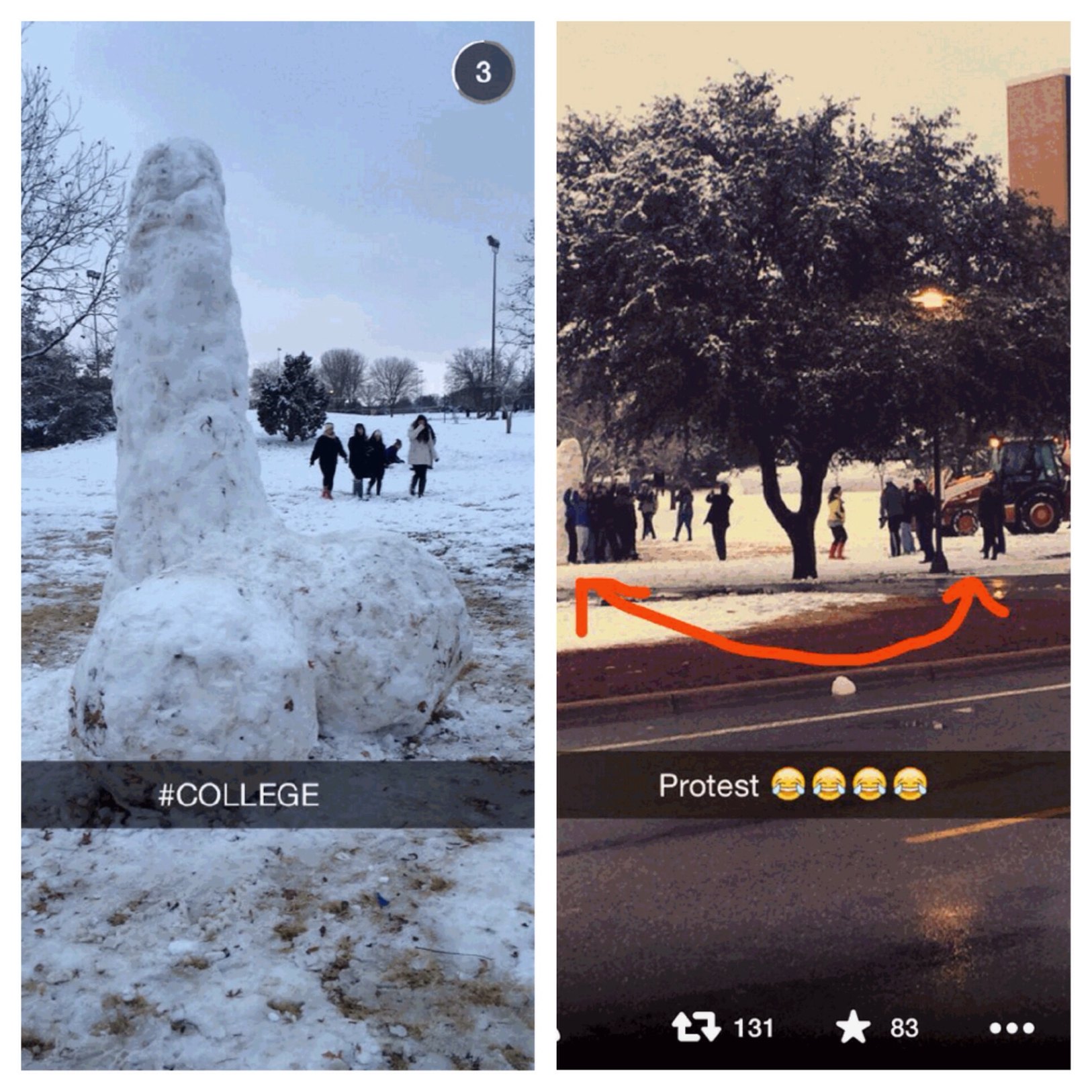 Students protecting snow dick from being bulldozed - meme