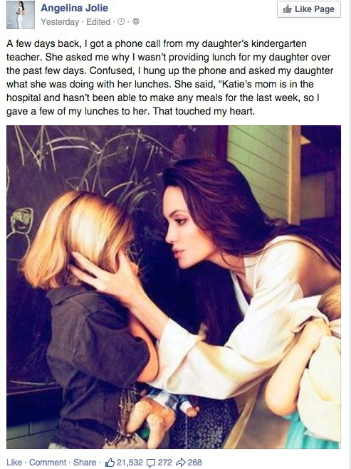 Angelina Jolie has a 100% true story about her altruistic kid - meme