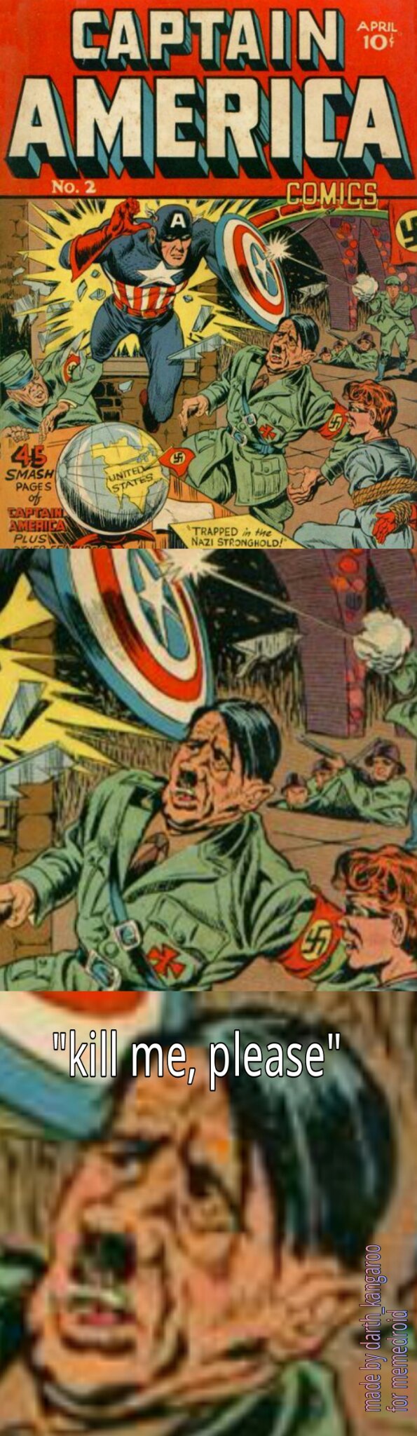 When Captain America throws his mighty shield, 
All those who chose to oppose his shield must yield. 
If he’s lead to a fight and a duel is due, 
Then the red and the white and the blue’ll come through. 
When Captain America throws his mighty shield - meme
