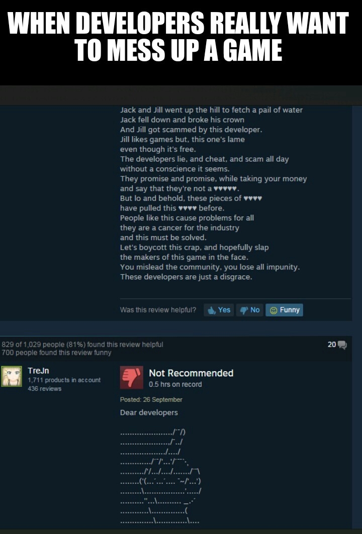 Steam reviews for some zombie survival game - meme