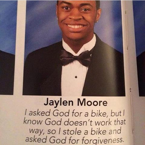 "Le recé a Dios por una bici, pero sé que dios no funciona de esa manera, así que robé la bici y le pedí a dios el perdon" - meme