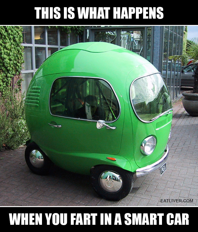 Apparently smart cars use two types of gas, one to drive and one to expand... - meme