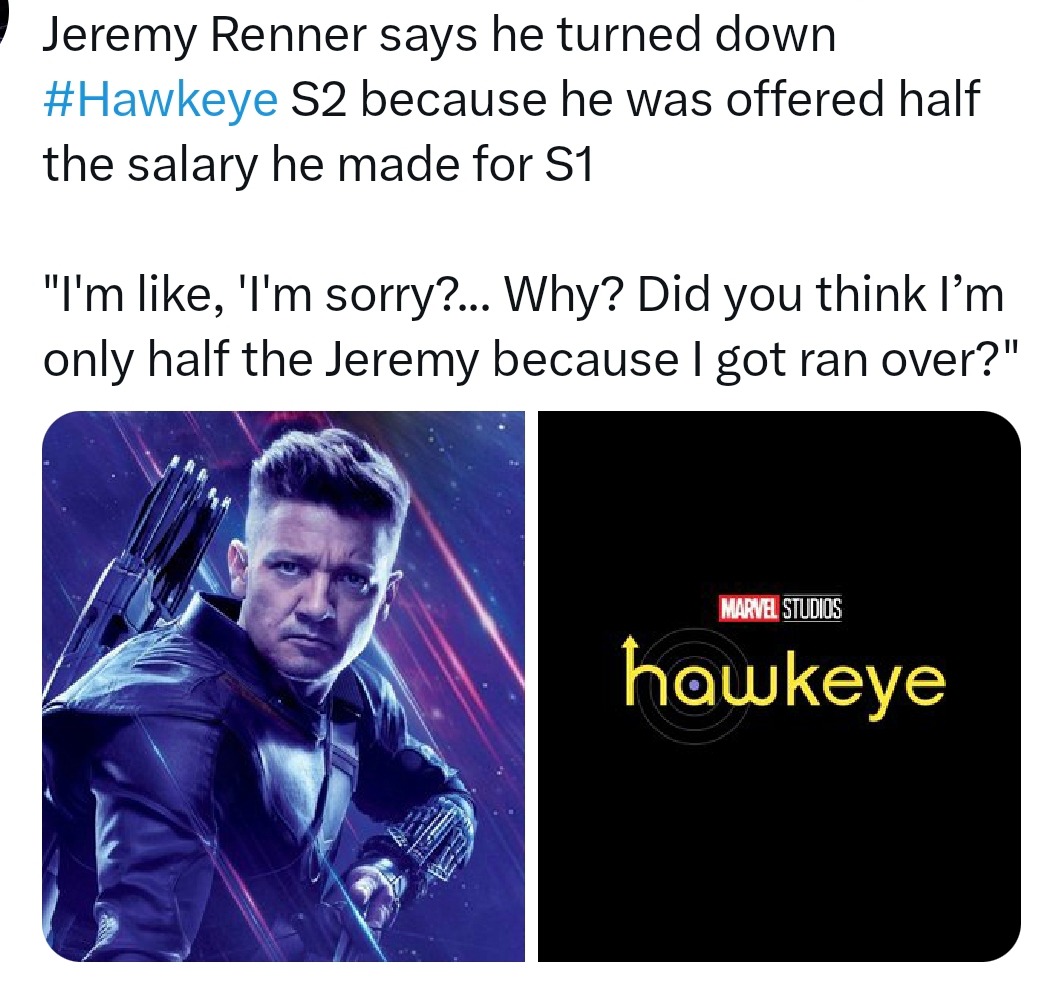 Jeremy Renner turned down Hawkeye S2 after getting offered half his pay - meme
