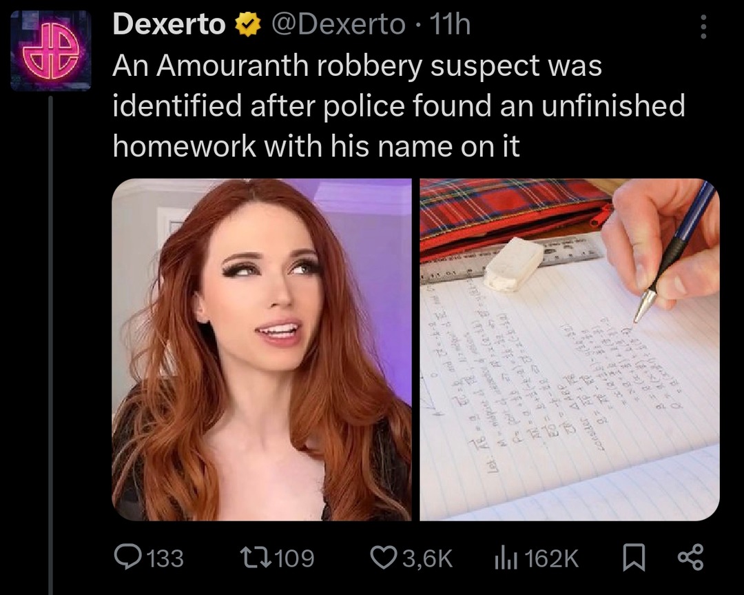 Dude robbed Amouranth and left his homework at the scene… - meme
