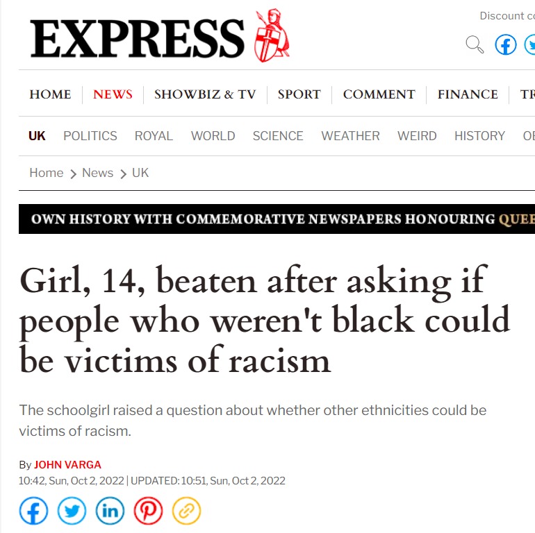 Girl bullied and beaten twice for daring to ask a question in class about racism towards other ethnic groups that are not black - meme