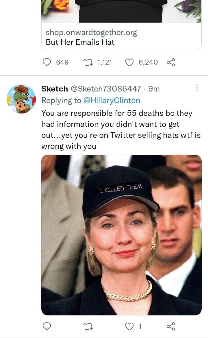 Hillary Clinton is fuckin selling hats on Twitter btw Sketch is my Twitter username lol with the Pepe pfp I commented on her post - meme
