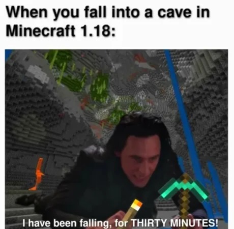 Flling into a cave in Minecraft - meme