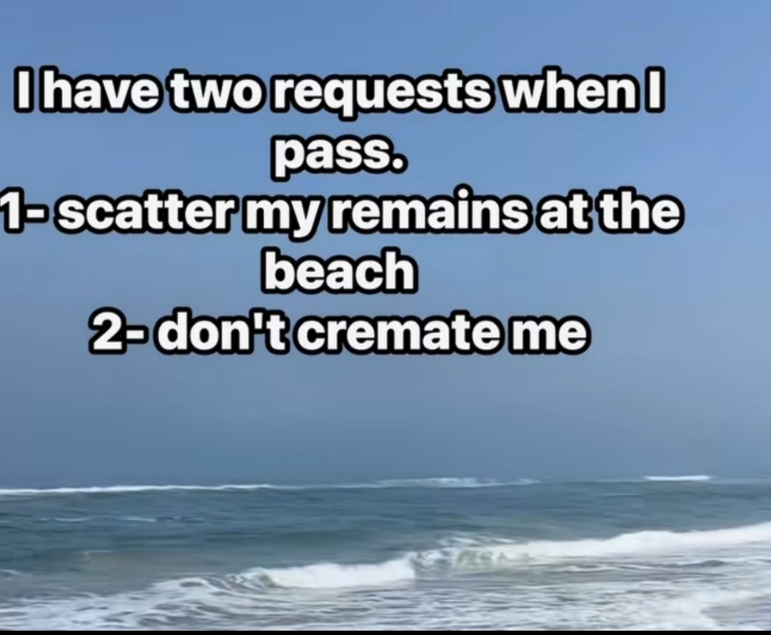 ﻿Ohavetworequestswhenl passs 1-scattermyremainsatthe beach 2-dontcremateme