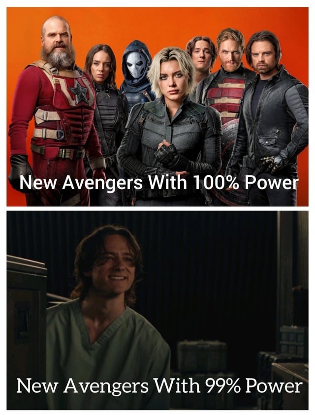Avengers at 100%: unstoppable. At 99%: fragile as glass - meme
