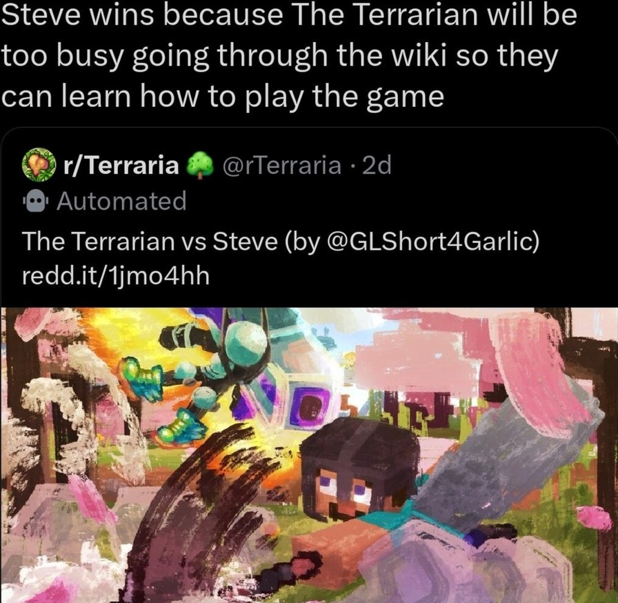 Steve wins because Terrarian’s still reading the wiki - meme