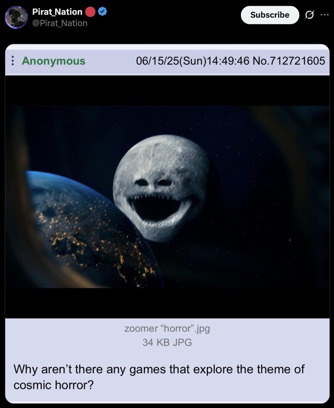 Zoomer horror needs more cosmic dread and less jump scares - meme
