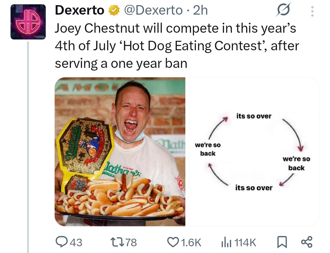 Joey Chestnut's July 4th hot dog comeback after ban - meme