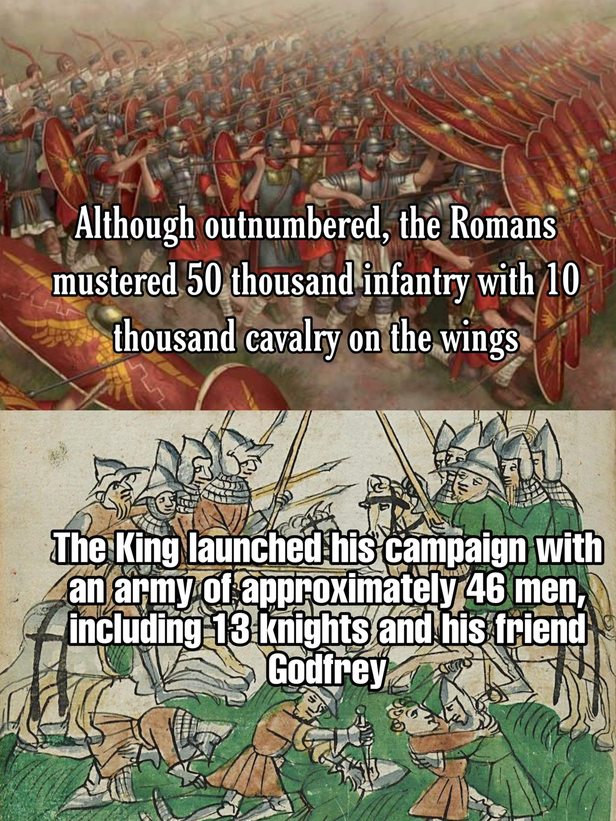 Romans: 60k troops. King: me and 13 bros, let's go - meme