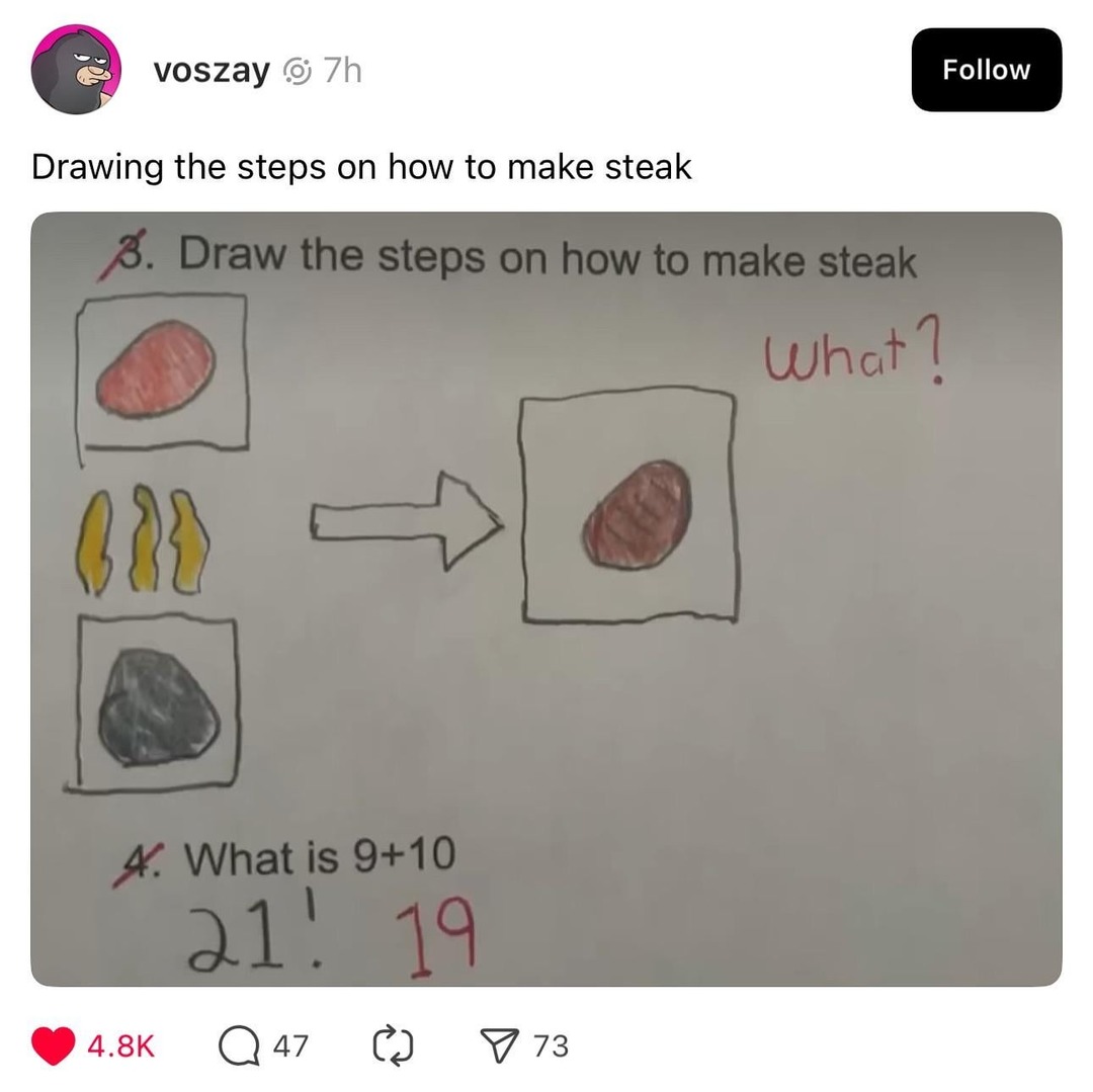 Drawing the steps on how to make steak, but I’m just here for the what? confusion. - meme