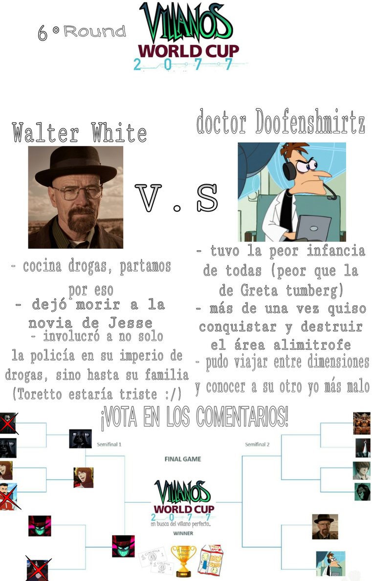 Damas y caballeros, 6° round, la pelea más esperada por todos: Walter White vs Doctor Doofenshmirtz ¡Vota por tu favorito! - meme