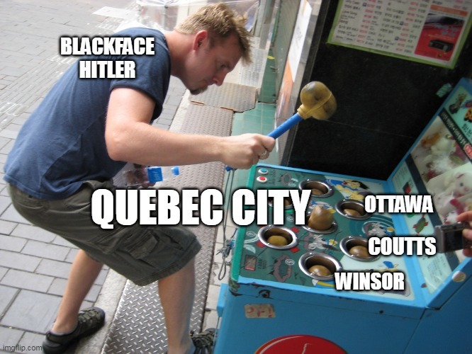 Blackface Hitler plays whack-a-mole with Canadian Freedom Trucker protests. - meme