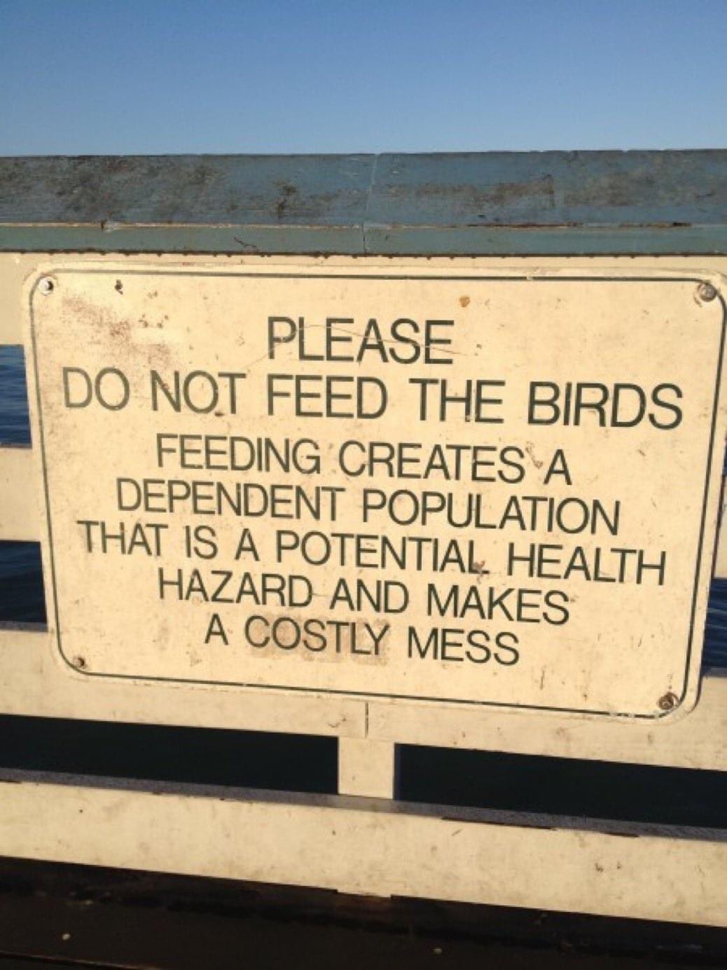 ﻿PLEASE DO NOT FEED THE BIRDS FEEDING CREATES A DEPENDENT_POPULATION THAT IS_APOTENTIAL HEALTH HAZARD AND MAKES A COSTLY MESS