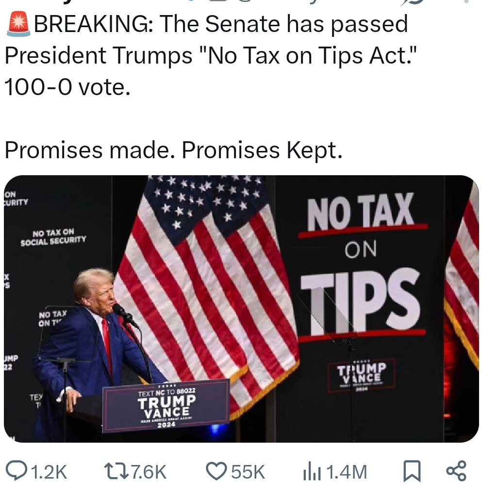 Senate passes Trump’s No Tax on Tips Act 100-0. That’s wild - meme