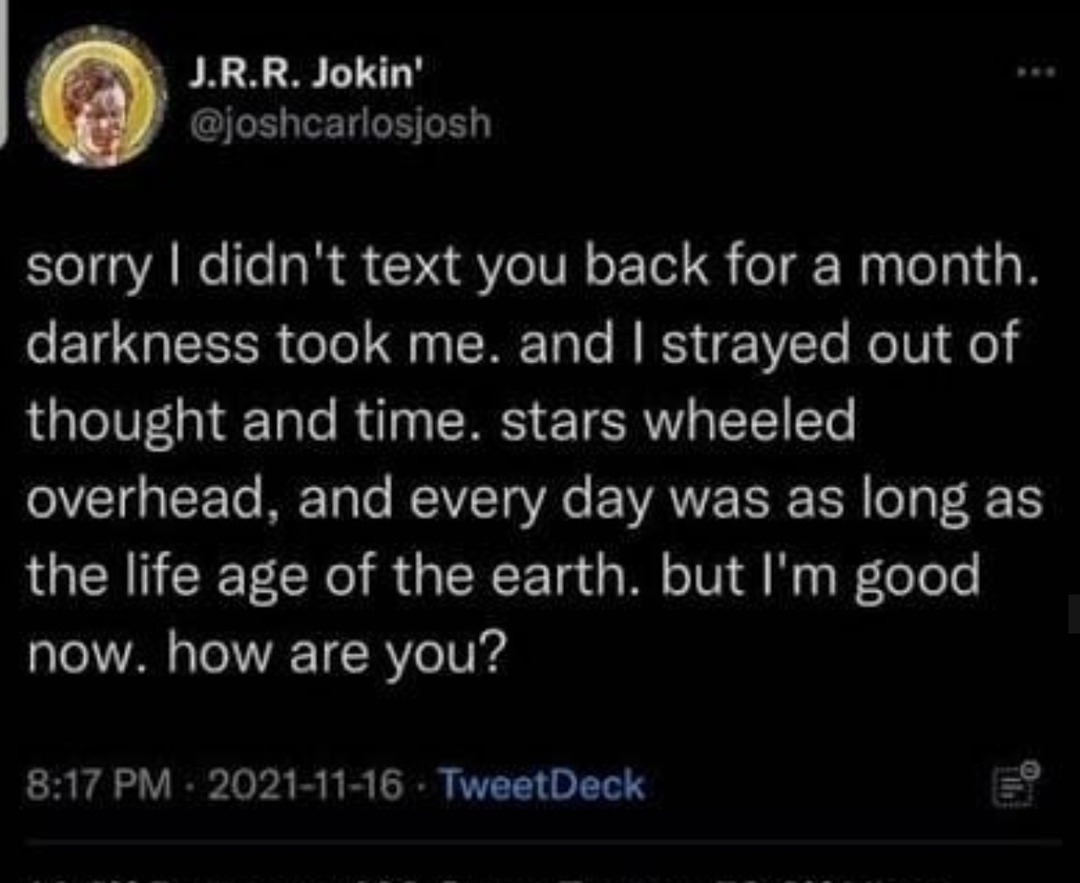 Sorry for ghosting, time collapsed around me - meme