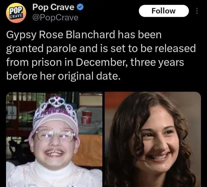 Gypsy Rose Blanchard is expected to be released from prison today - meme