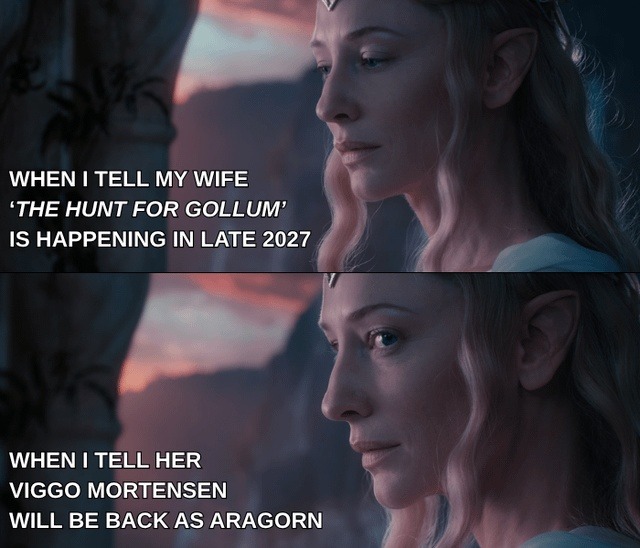 me telling my wife Gollum’s back AND Viggo too - meme