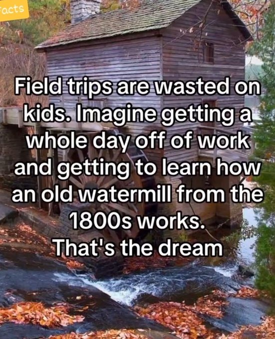 ﻿octs Field are wasted on kids Imagine getting a whole off of work and getting to learn how an old watermill from the 1800s works: That’s the dream trips day