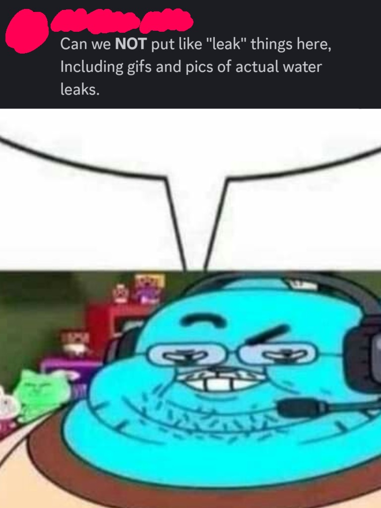 Contexto: canal de "leaks" (filtraciones) y mandaron un gif de filtración de agua, se puso a chillar el admin XD - meme
