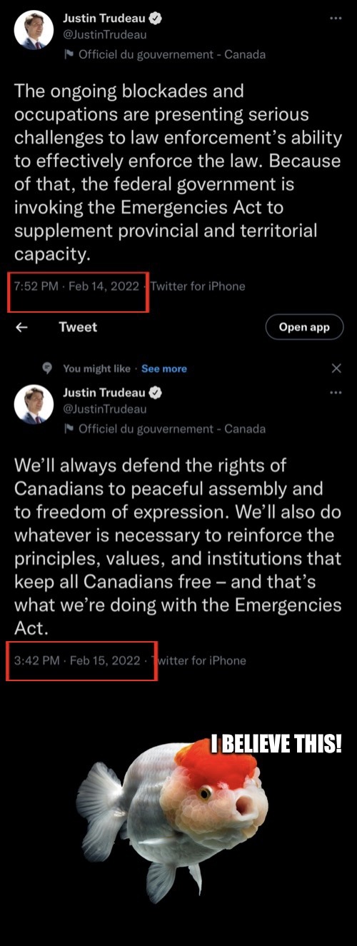 Turdeau says he will always defend the rights of people to peacefully assemble the day after he makes it a crime to peacefully assemble. Only dementia patients could forget that quickly. - meme