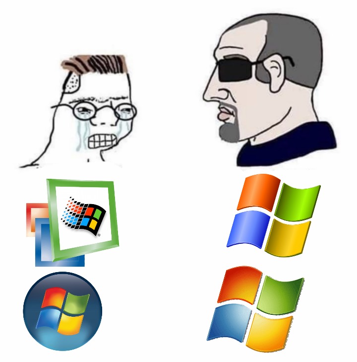 Incel Windows Me, Virgin Windows Vista, Chad Windows XP & Thad Windows 7 (El cuarto abajo del chad es el windows 7 y el virgin es de vista) - meme