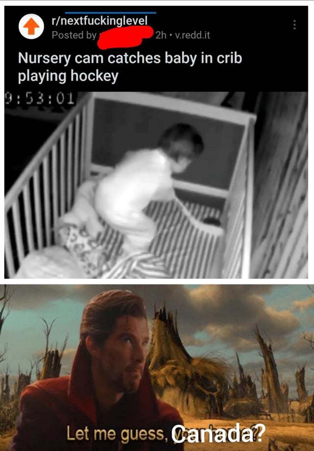 Nursery cam catches baby in crib playing hockey - meme