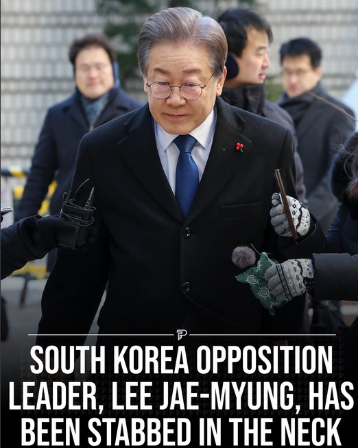 South Korean opposition leader Lee Jae-myung was stabbed in the neck during a visit to Busan. - meme