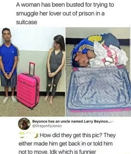 A woman has been busted for trying to smuggle her lover out of prison in a suitcase - meme