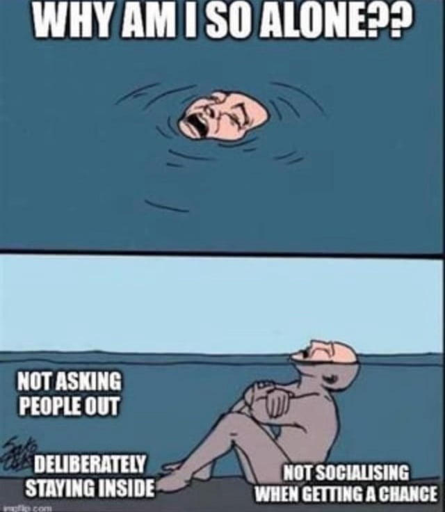 Why am I alone? Also me: never goes outside or talks to anyone - meme