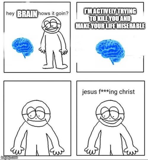 Brain: hey just checking in to ruin your mood again - meme