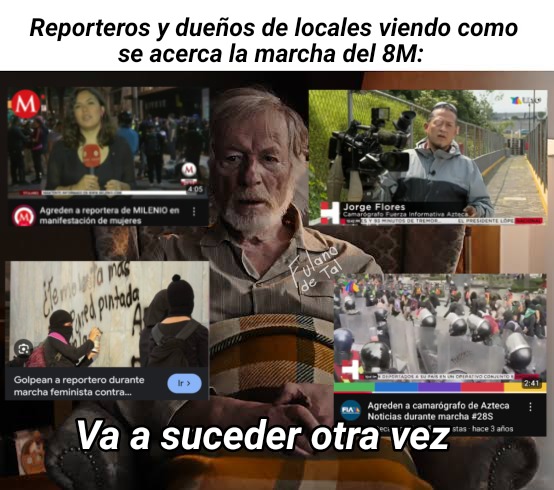 El reportero de arriba perdió un ojo porque le lanzaron algo en plena marcha feminista en 2008 - meme