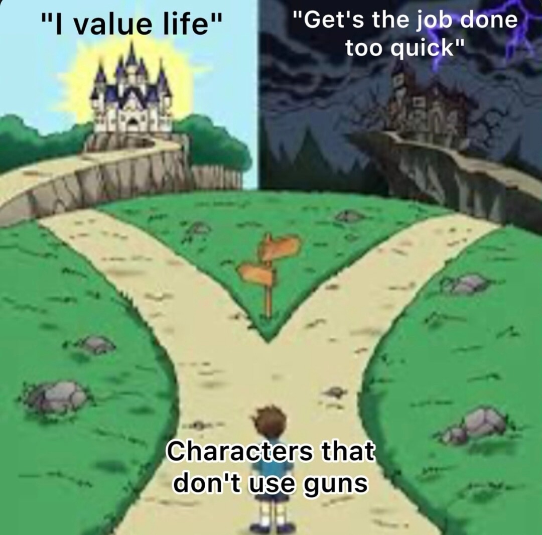 Characters who skip guns and still wreck everyone - meme