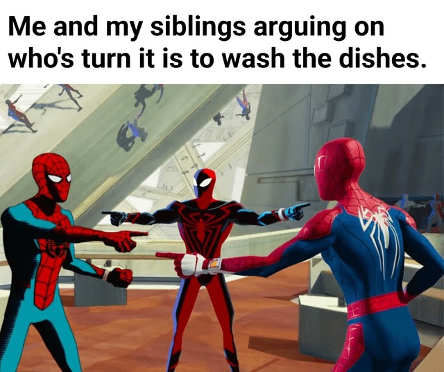 meme with the spidermans pointing each other from the movie spiderman across the spiderverse
